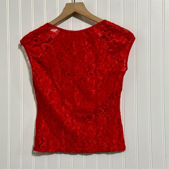 Vintage 90s G.A.S. Red Lace Top M Cap Sleeve Made in USA Y2K Coquette Valentine - Picture 3 of 8